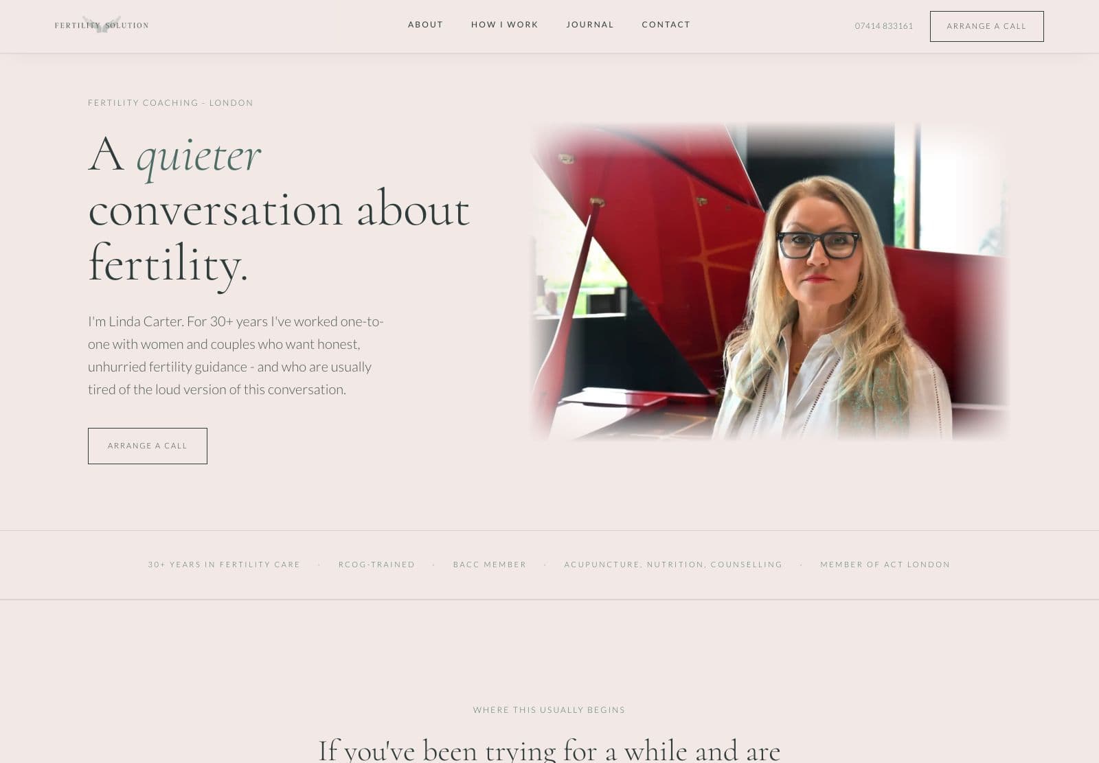 The Fertility Solution website homepage, blush pink with a dark green serif headline and a photograph of Linda Carter