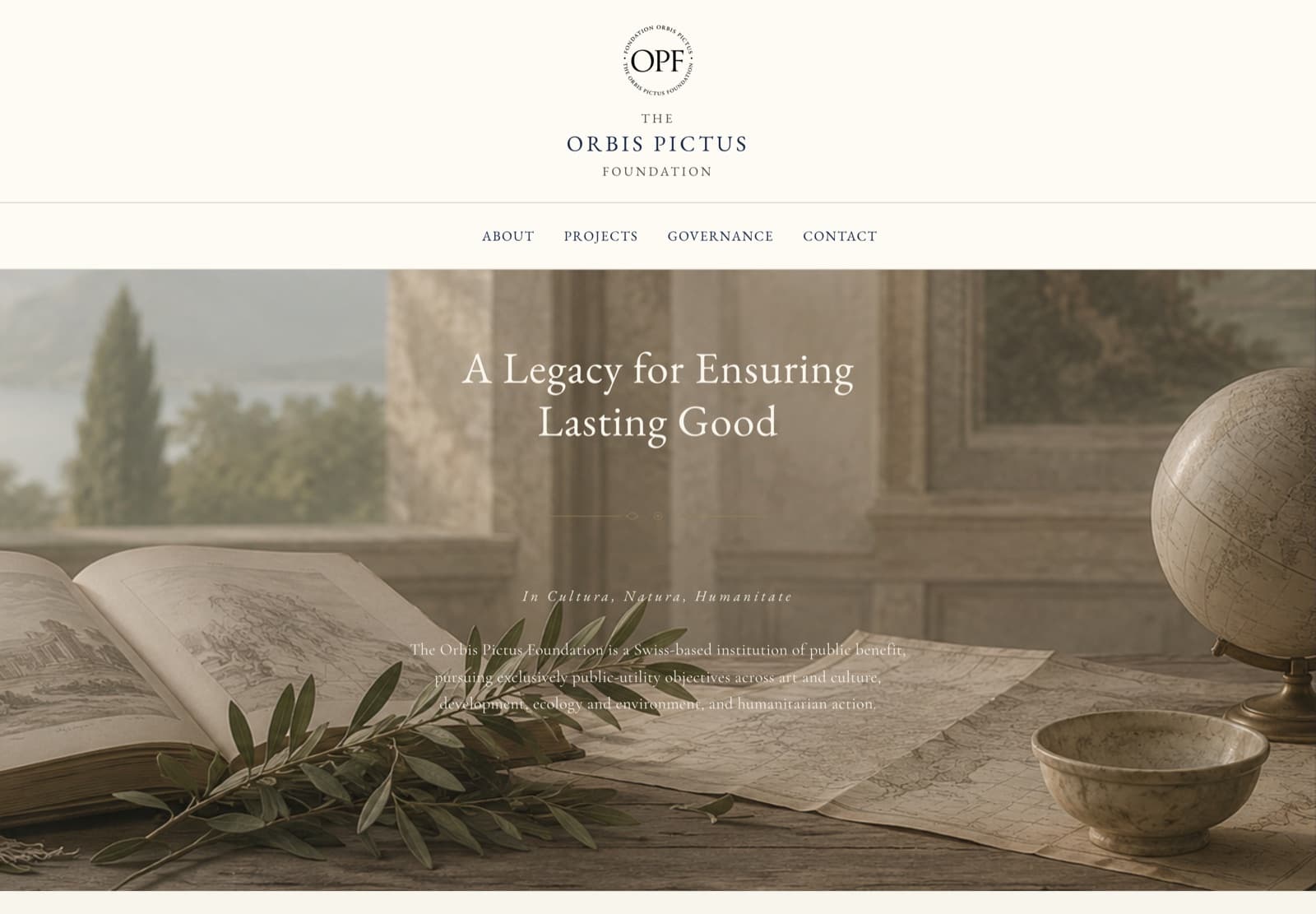 The Orbis Pictus Foundation website homepage, parchment and navy editorial design